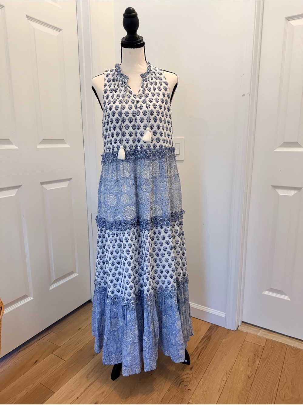 Cleobella Maddelyn Ankle Dress Hydrangea Mix Print Blue and White Maxi Dress